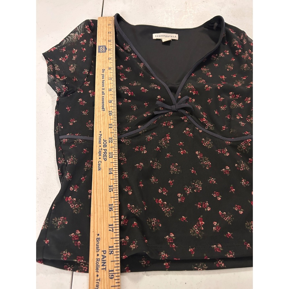 Aeropostale Black Floral Mesh V-Neck Bow Short Sleeve Top SMALL - Picture 4 of 7